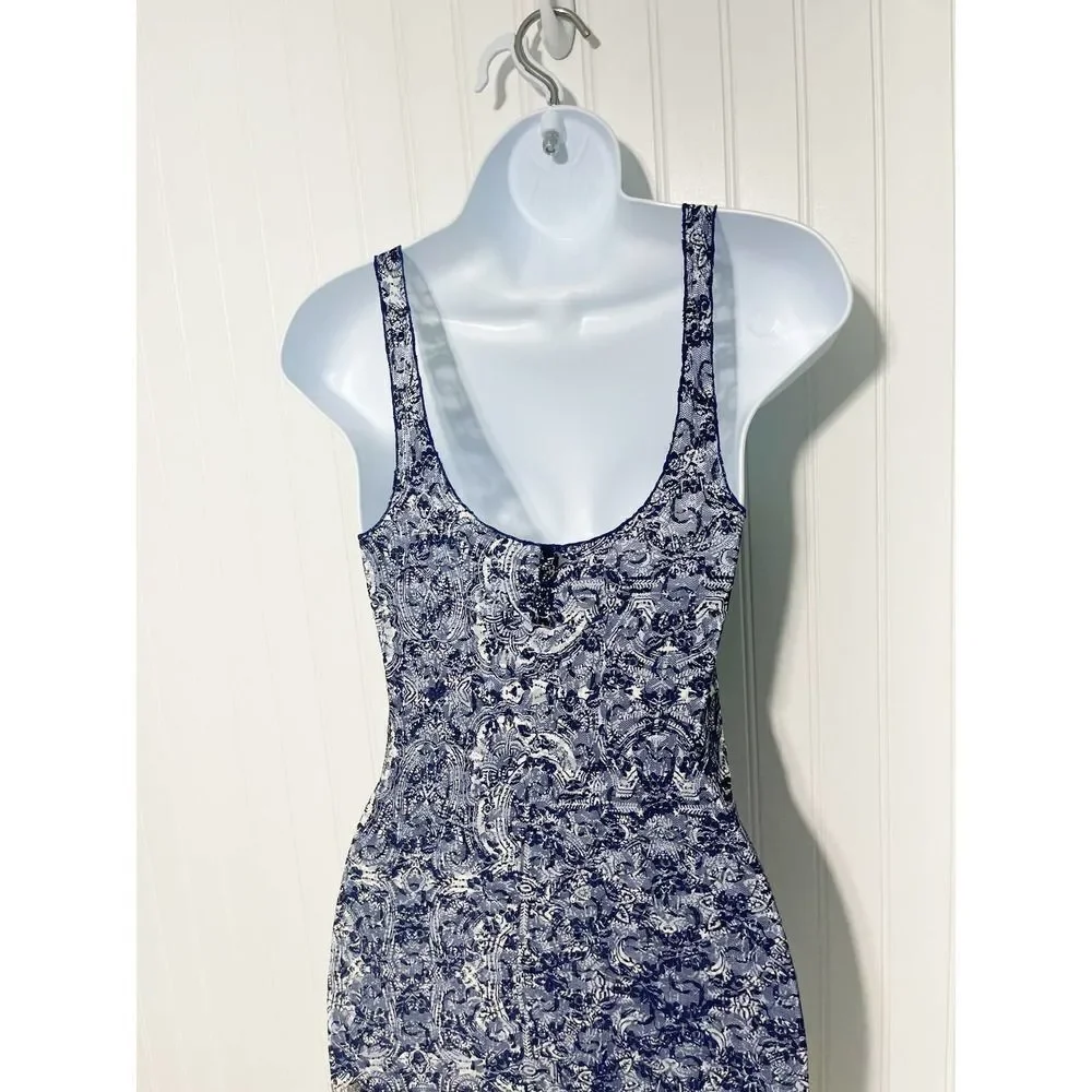 Free People Sheer Lace Printed Long Tank Top Lettuce Hem Sleeveless Blue Small‎